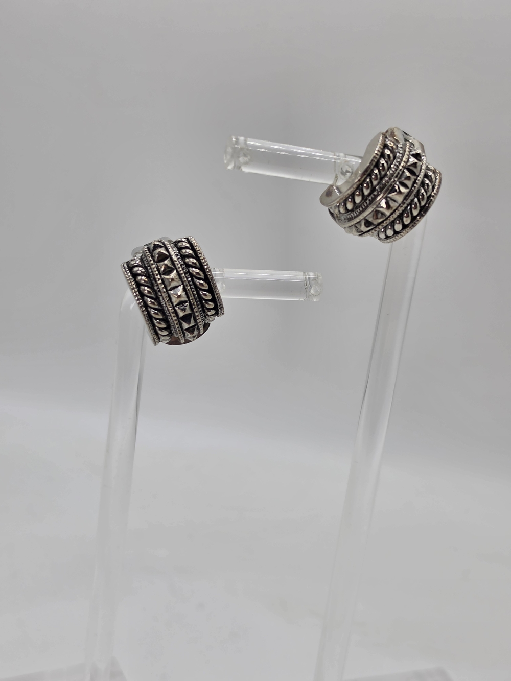 Vintage Judith Jack Sterling Half Hoop Textured Marcasite Hoop Clip On Earrings